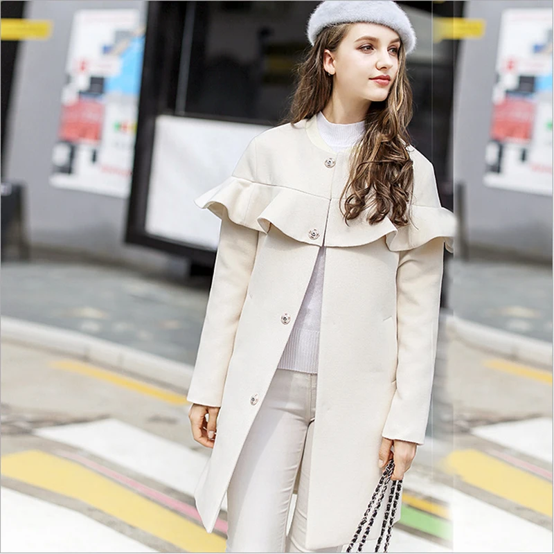 Korean Ruffle Woolen coat female Loose Wool Blend Coat Jacket for women Coats Autumn Winter manteau femme hiver veste exo | Женская