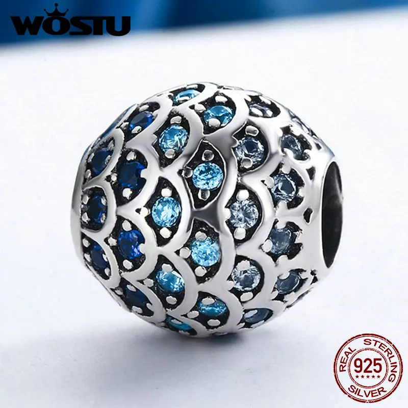 WOSTU настоящая 925 пробы Серебряная Дочь моря синие Бусины CZ подходят к