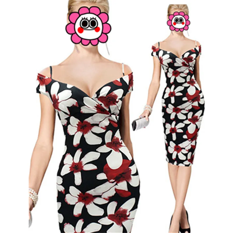 

Fancy Womens Sexy V-Neck Summer Elegant Off Shoulder Floral Fashion Print Casual Hot Party Club Evening Bodycon Sheath Dress
