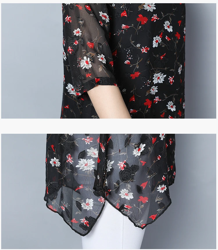 

Summer women blouses 2021 floral print chiffon blouse women short sleeve shirts plus size women tops black blouse women 4620 50