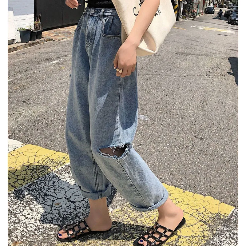 Женские джинсы с высокой талией свободные винтажные широкие брюки-шаровары