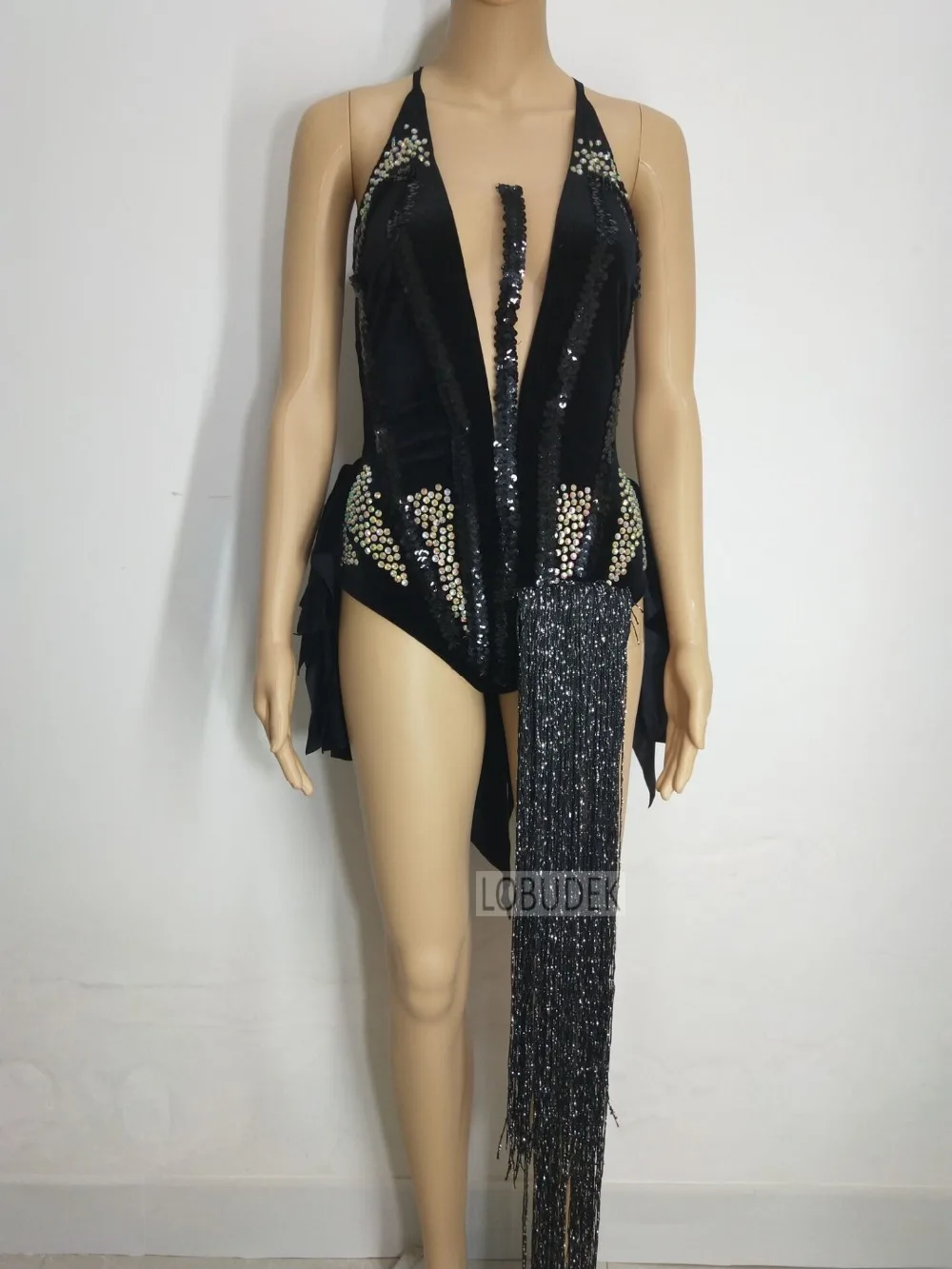 Бархатное боди с блестками и V образным вырезом|ds costume|sequin bodysuitstage performance |