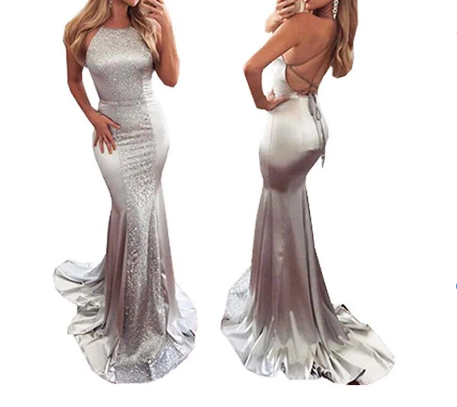 

Sexy Backless Long Silver Mermaid Sequined Bridesmaid Dresses Formal Gowns