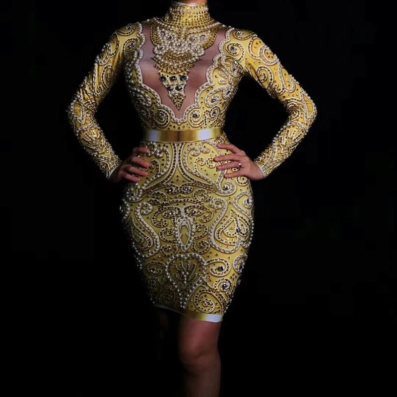 Женское модное блестящее платье с жемчугом сексуальное Золотое Платье длинными
