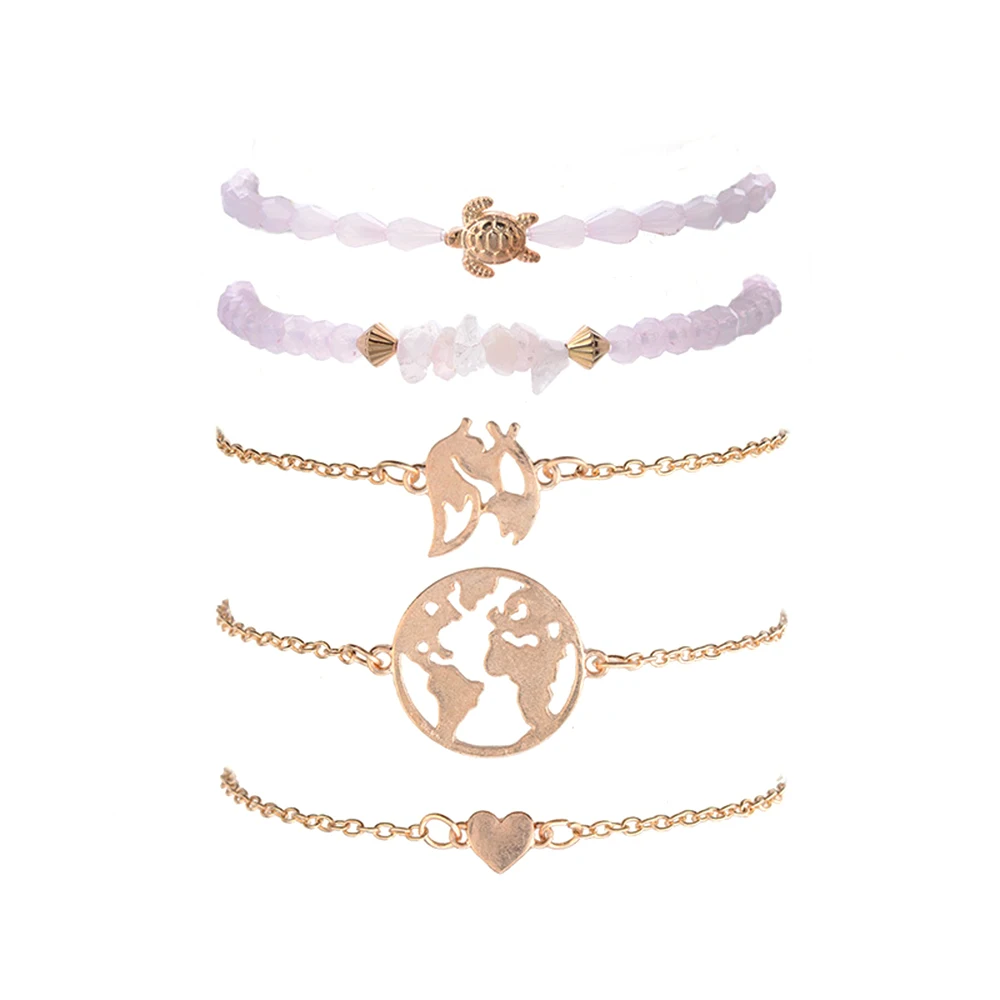 5 шт./компл. богемный ретро браслет с картой мира Персиковое сердце черепаха