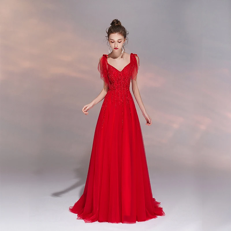 Ssyfashion 2019 Новое красное вечернее платье для свадьбы и банкета элегантная v
