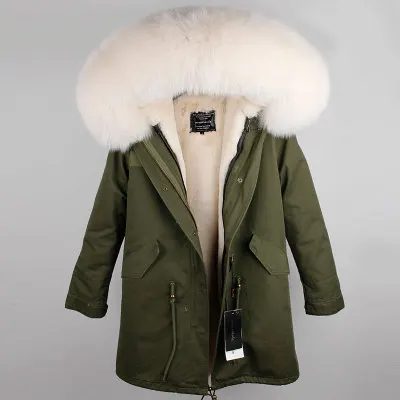 long green beige fur Новинка, Брендовое меховое пальто, парка, зимняя куртка, пальто, женская парка, настоящий большой воротник из лисьего меха, с капюшоном, с искусственным мехом, длинная верхняя одежда - Цвет: long green beige fur