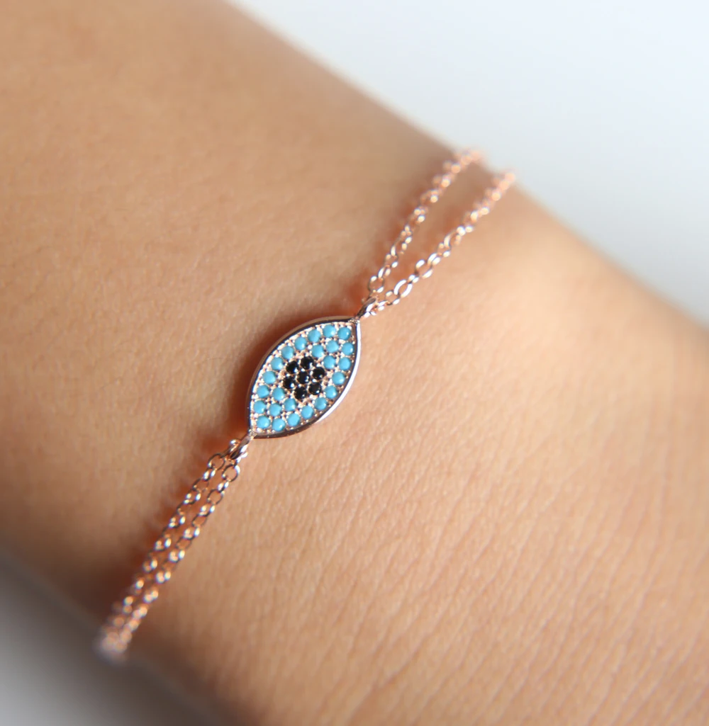 2019 New Special Offer Trendy Original 925 Sterling silver Rose gold color eil Eye Bracelet With blue cz For Women Jewelry Gift | Украшения