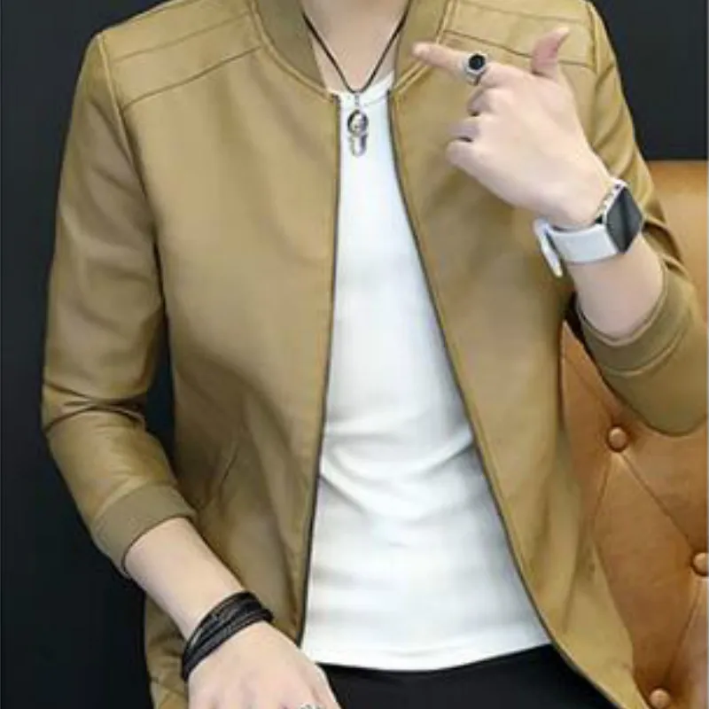 2019 весна и осень новая кожаная куртка мужская повседневная тонкая с воротником