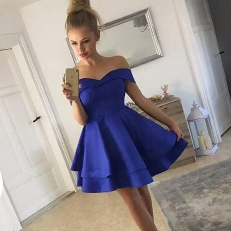 royal blue Королевское синее бордовое мини-платье с открытыми плечами, полуофициальное платье для выпускного вечера, атласное короткое платье для выпускного вечера - Цвет: royal blue