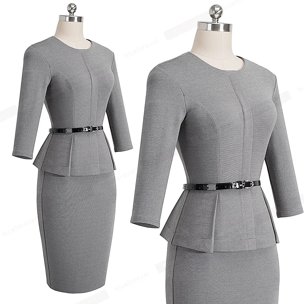 Хорошее-forever винтажное элегантное платье для работы с поясом и баской vestidos, деловые вечерние облегающие офисные женские платья B473