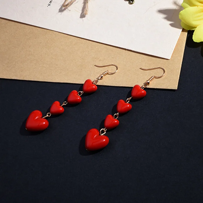 Женские длинные серьги E0433 милые летние в Корейском стиле с красным сердечком и
