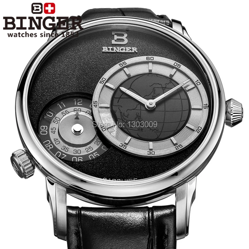 Two time Men Luxury Quartz Watches Top Brand BINGER Sports Wristwatch Black Leather Band relogio masculino