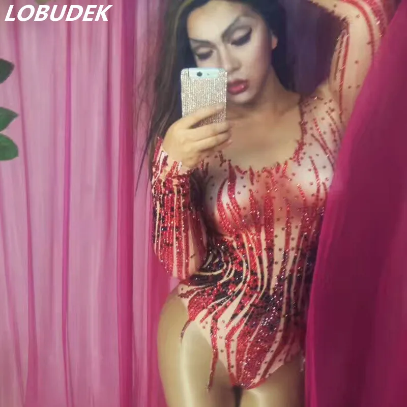 Sexy Bar female costumes bodysuit nightclub red rhinestones Bright Crystals Catsuit outfit Singer dancer performance stage wear