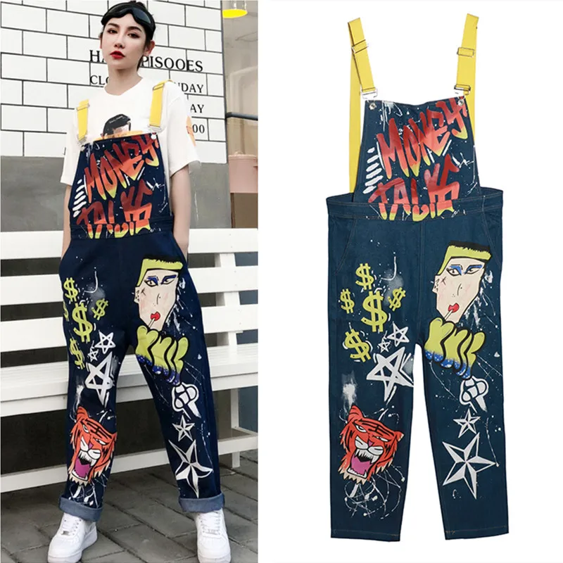 Джинсовые комбинезоны для женщин s High Street Graffit Pring цветные комбинезоны джинсы повседневные Комбинезоны женские джинсовые длинные Комбинезоны NZ11