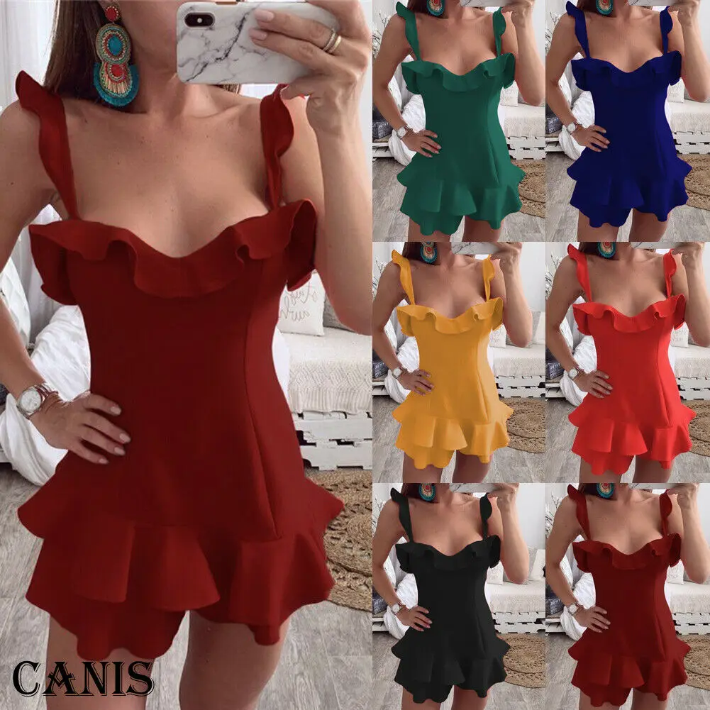 Womens Solid Sling Multi0layers Ruffles Frill Strappy Summer Holiday Party Bodycon Beach Short Mini Swing Dress | Женская одежда