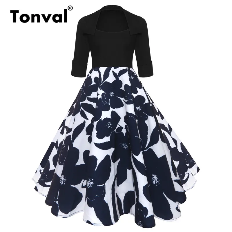 Tonval, винтажное Цветочное платье миди 1950 s, Ретро стиль, рокабилли, квадратный воротник, черные платья для женщин, осень, 3/4 рукав, платье