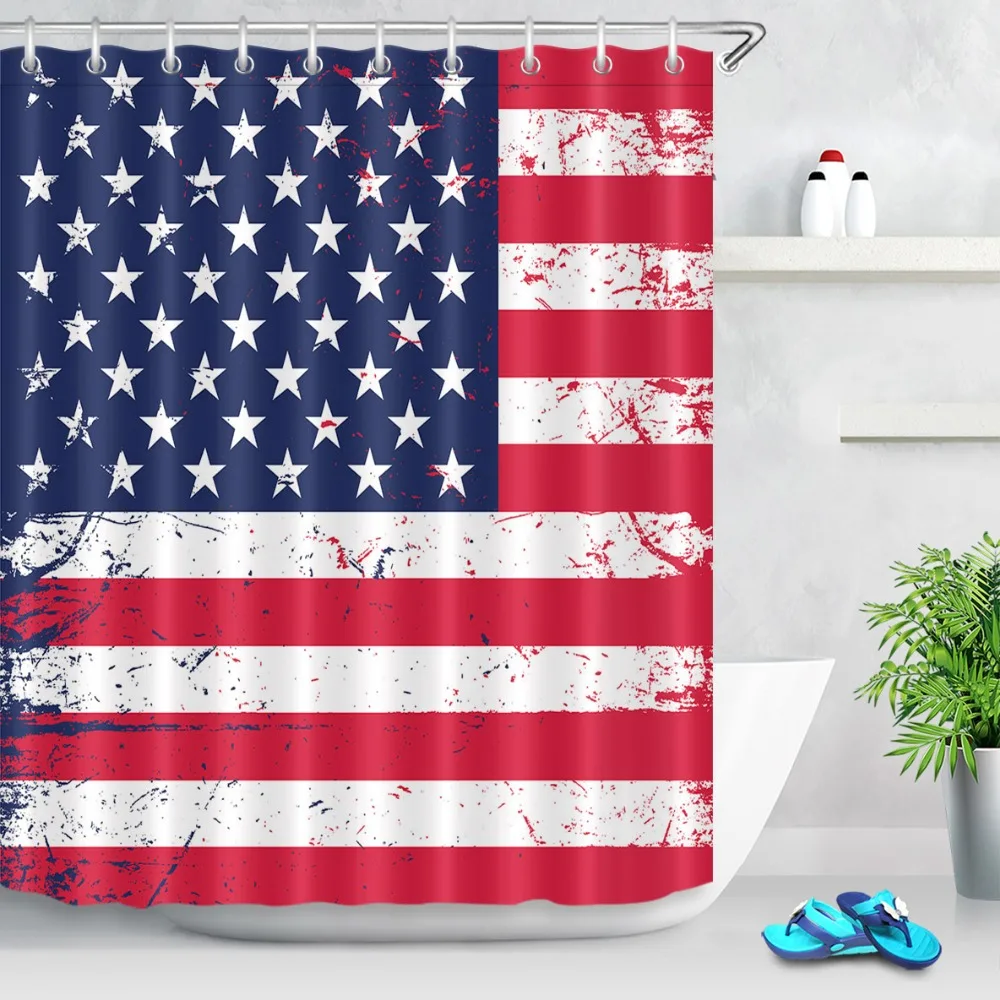 Funny American flag White Red stripe Blue Star Shower Curtain 12 Hooks Sets Kids Bathroom mat Waterproof Polyester Fabric Cloth | Дом и сад