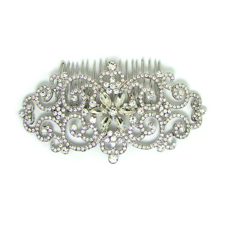 

Women designer 130x70mm crystals alloy floral charm rhodium color large hair comb ornament wedding headwear jewelry accessories