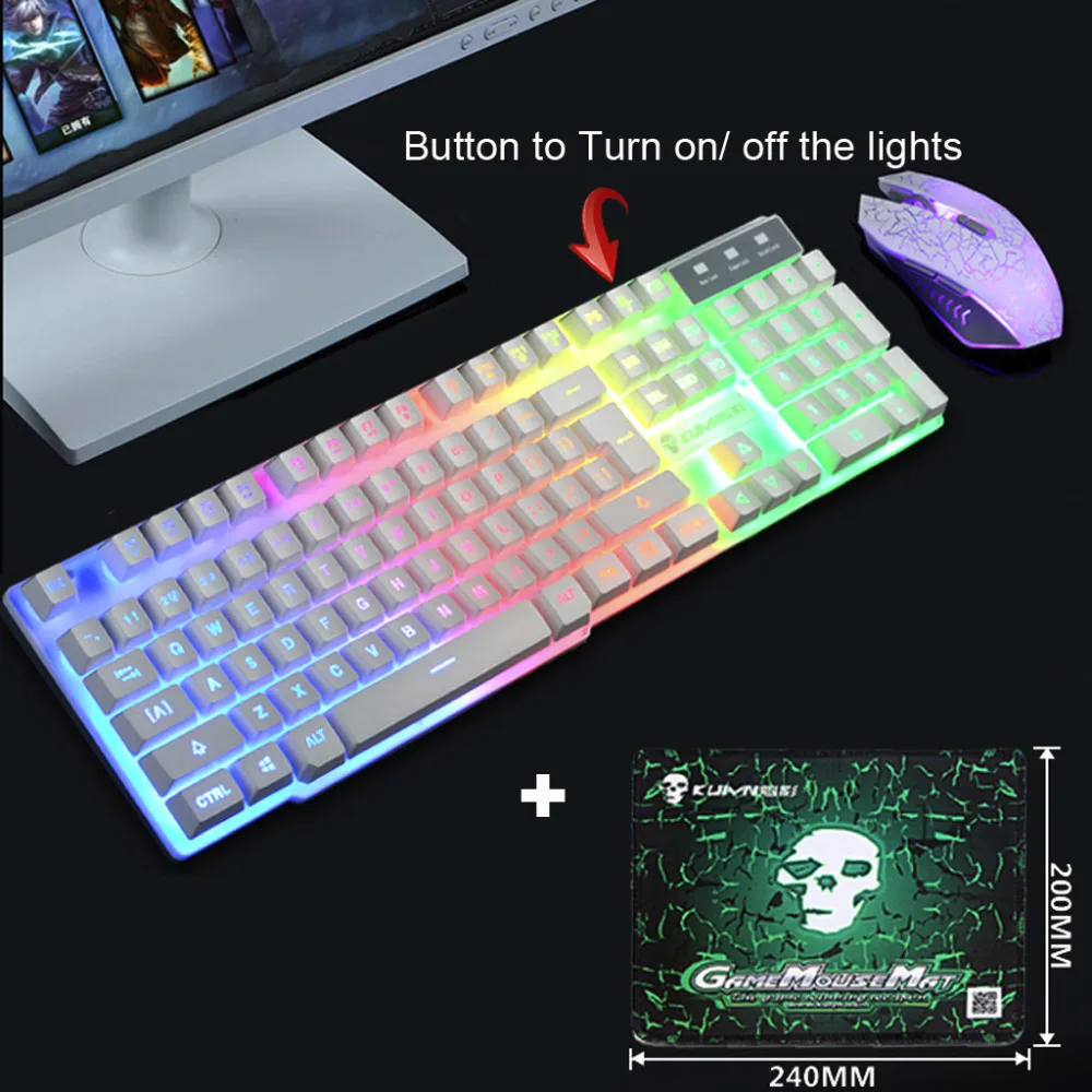 VOBERRY, проводной, светодиодный, Радужный, с подсветкой, USB, эргономичная игровая клавиатура+ 2400 dpi, набор оптической игровой мыши+ коврик для мыши для ПК