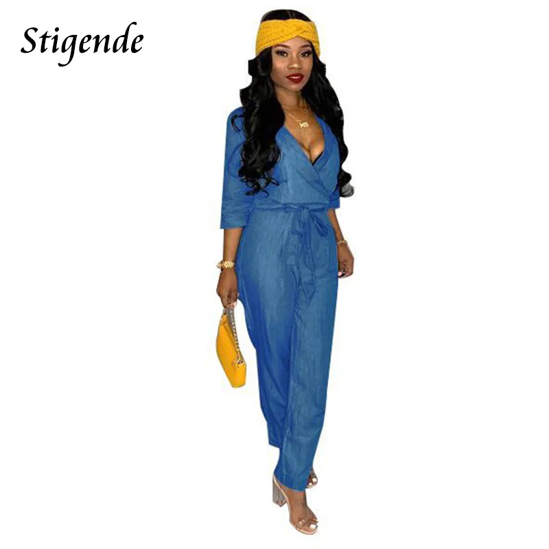 Stigende Тонкий Bodycon джинсовый комбинезон для женщин с длинным рукавом Глубокий V средства ухода за кожей Шеи джинсовый комбинезон наряды сплошной сини