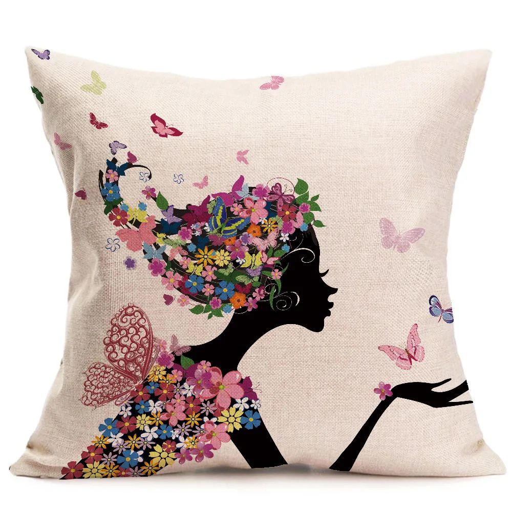Декоративная наволочка для подушки с изображением цветов сказочной девушки