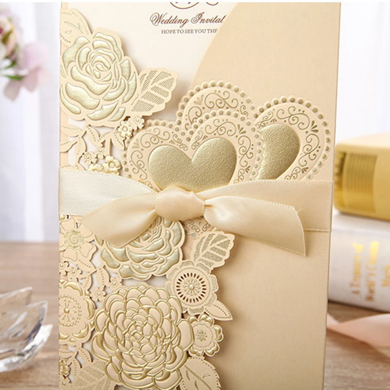 50 шт. Золотая лазерная резка свадебные пригласительные открытки розовое сердце