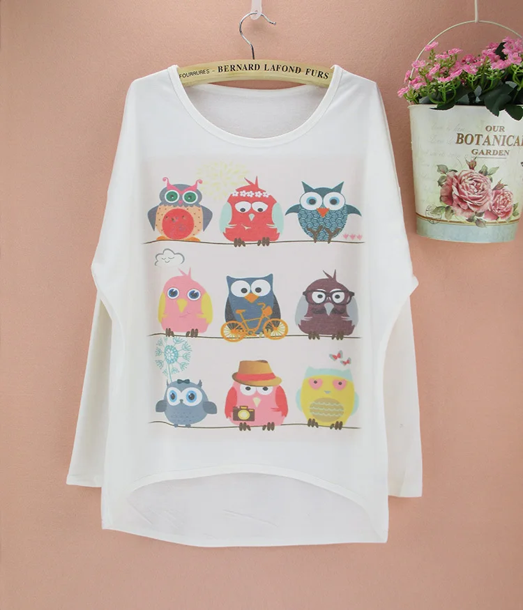 Женская Футболка с рукавами летучая мышь принтом совы зима осень 2014|top tees|batwing