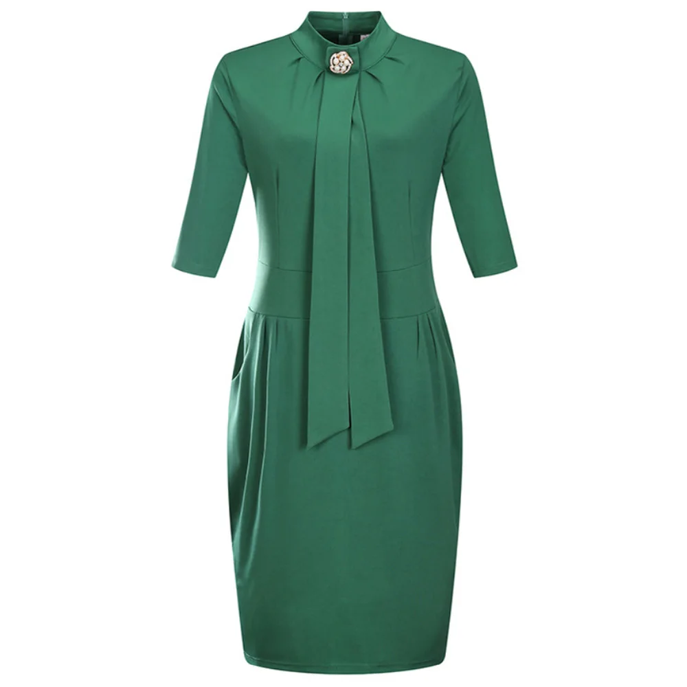 Green Wisalo, женское, плюс размер, 6XL, элегантное, одноцветное, облегающее, для работы, платье с рукавом 3/4, водолазка, длина до колена, с карманом, для офиса, женское платье, Vestidos - Цвет: Green
