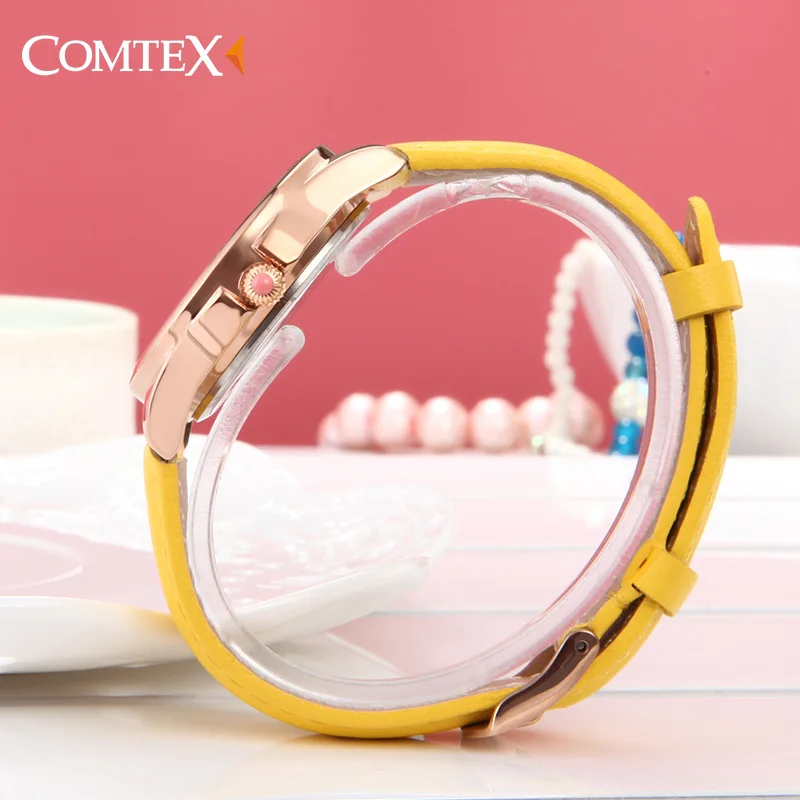 Comtex желтый женские часы Повседневная серебристый корпус Кожаный ремешок основа