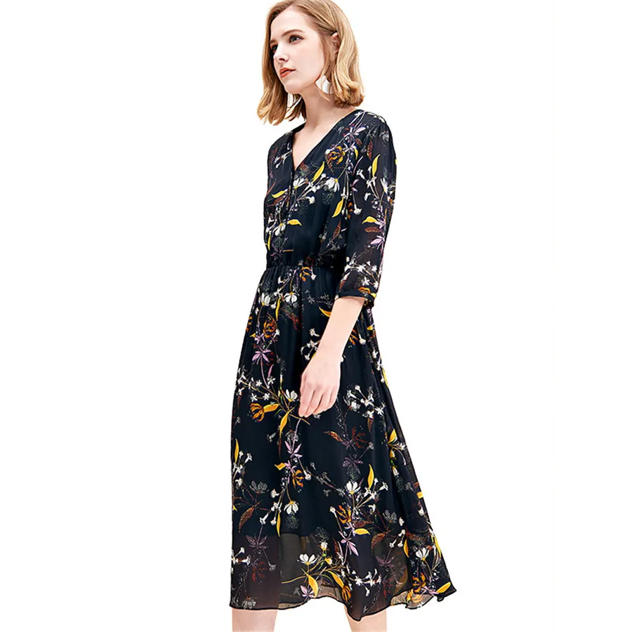 

Hodisytian Elegant Women Summer Dress A-line Floral Print Robe Boho Mulberry Silk Sundress Slim V neck Half Sleeve Vestido Femme