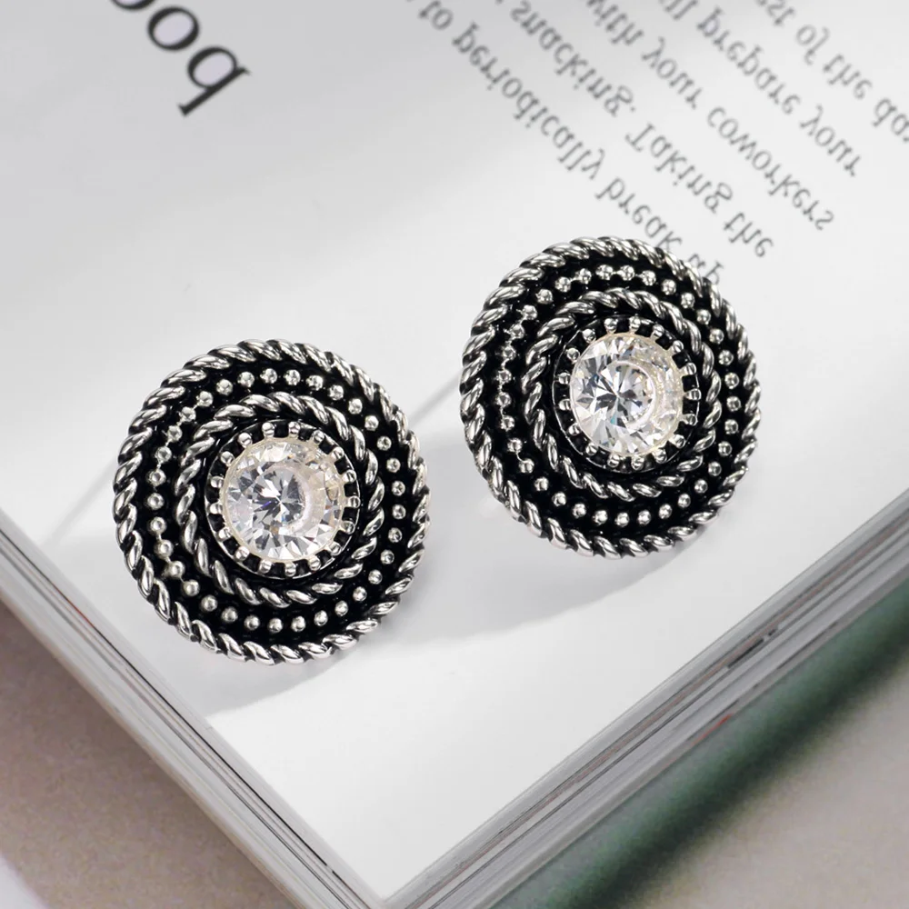 Neoglory Vintage Zircon Button Earrings For Women Silver Plated Black Round Jewelry Wholesale Twisted Rope Setting FA | Украшения и