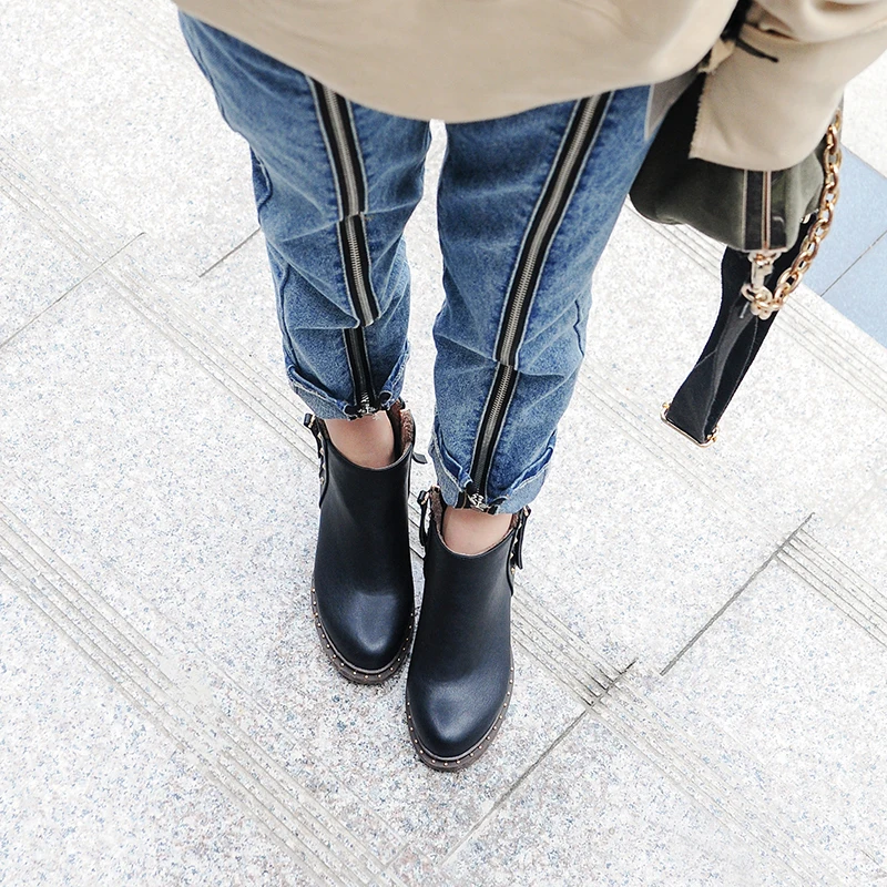 QUTAA Round Toe Casual Women Ankle Boots Winter Warm Fur Antiskid Shoes Fashion Rivet Thick Heel Zipper Boots Size 34-43