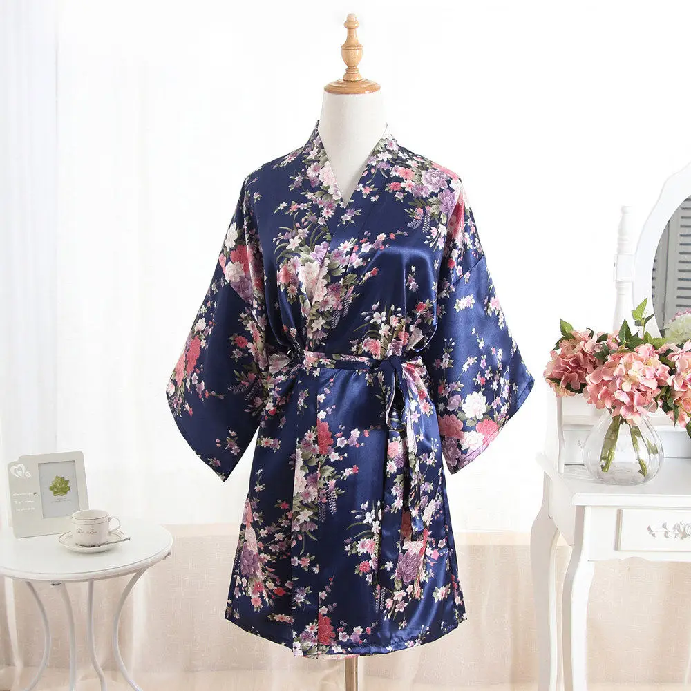 Белое свадебное кимоно для невесты, невесты, женщин, короткий халат, Bathgown, одежда для сна, Rayou, банное платье, мини-ночная рубашка, пижама размера плюс - Цвет: Navy Blue