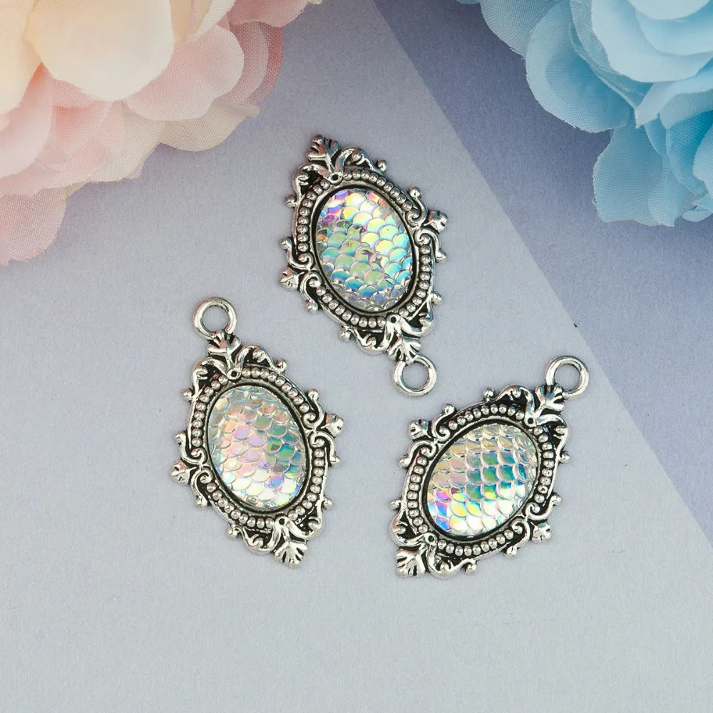 Подвески DoreenBeads из сплава цинка и Русалка смолы рыбья чешуя Овальные
