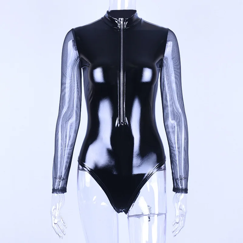 Новинка 2019 года Зимний боди из искусственной кожи трикотажный комбинезон с высоким воротником на молнии и