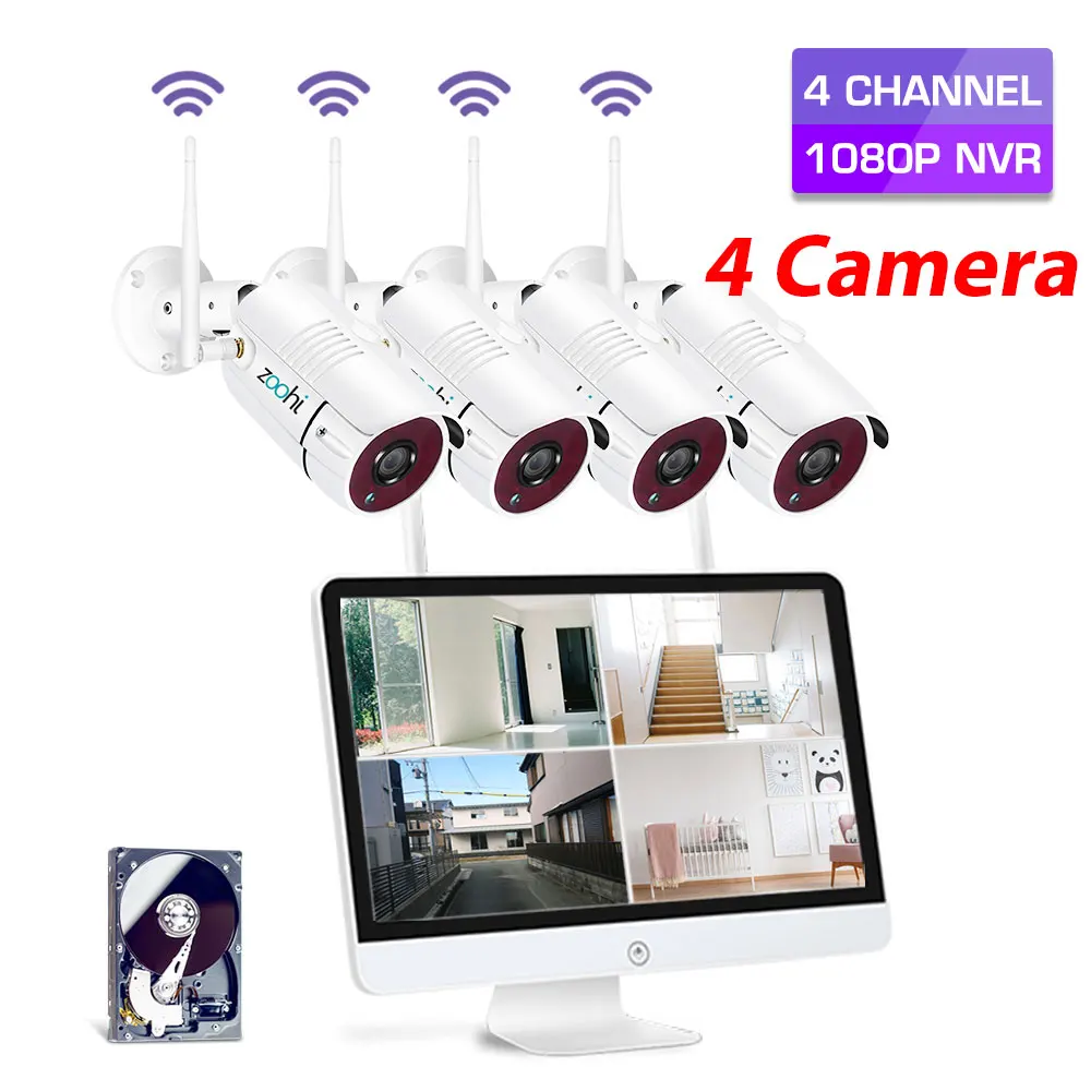 4 CH 4 Camera Zoohi 15,6 дюймов lcd 2-мегапиксельная NVR Камера безопасности Система открытый Wifi ip-камера комплект Survellance беспроводная камера s система безопасности наборы - Цвет: 4 CH 4 Camera