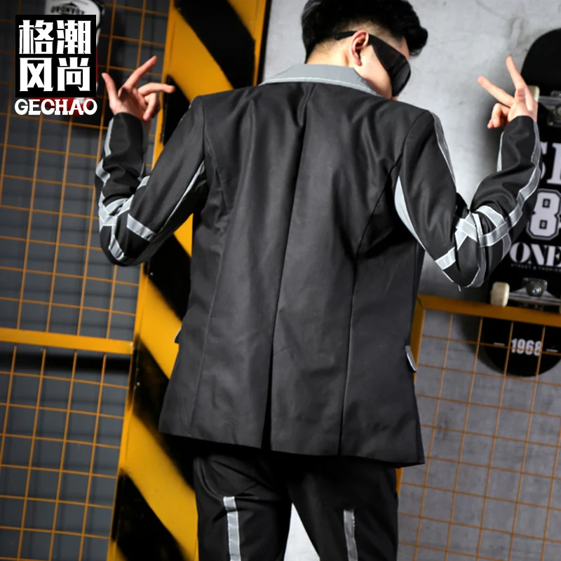 

M-6XL!!Trend male singer DJDS reflective stitching cool coat nightclub GO bar hairdresser stage clothing.