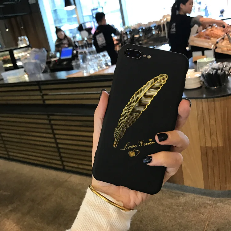 Модный черный чехол для телефона с золотым пером iphone X XR XS Max 6 6S 7 8 Plus матовый