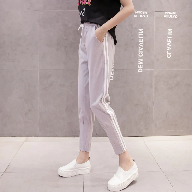 2018 топ модные женские полосатые шаровары черные повседневные штаны с высокой