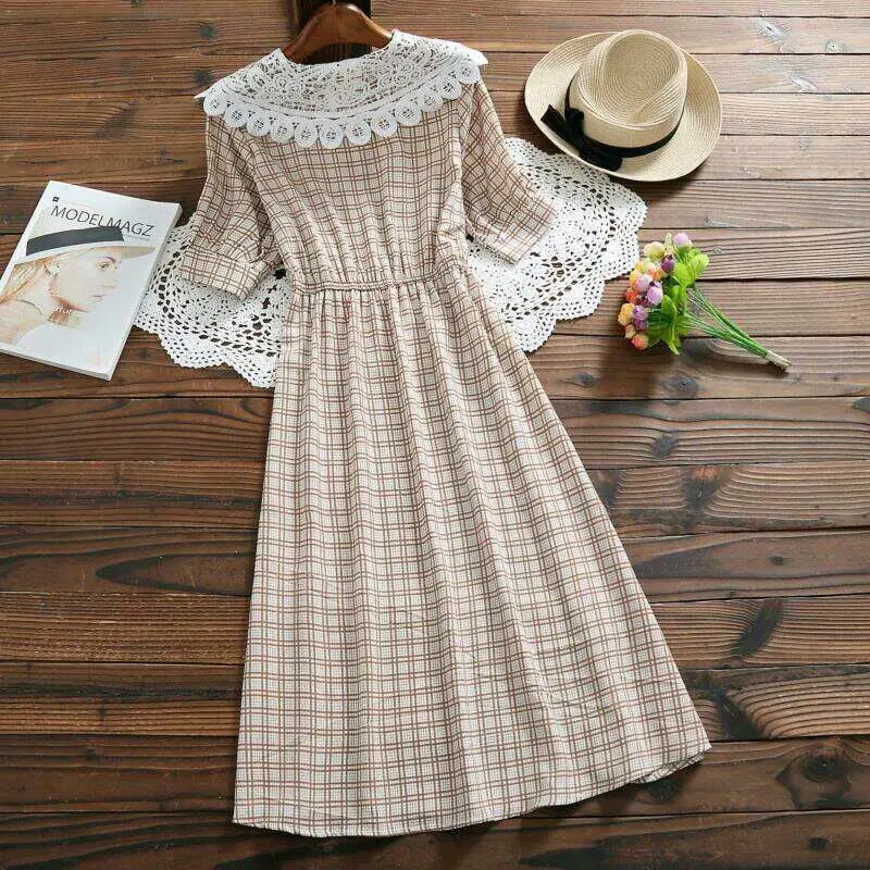 Девушка Мори милое длинное летнее платье крючком элегантное клетчатое