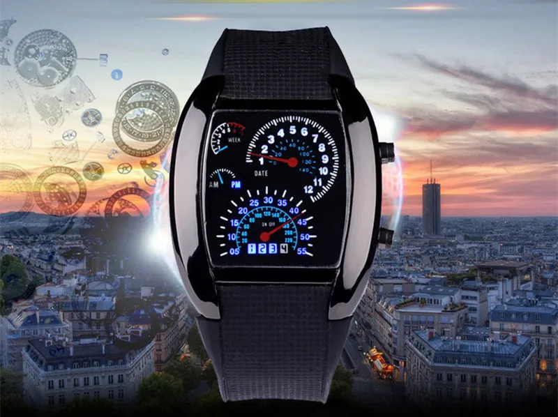 Горячая Распродажа RPM Turbo Blue Flash СВЕТОДИОДНЫЙ мужской спортивный автомобиль метр циферблат часы полностью Черный Нержавеющая сталь прямоугольник мужские часы Air Meter Hour