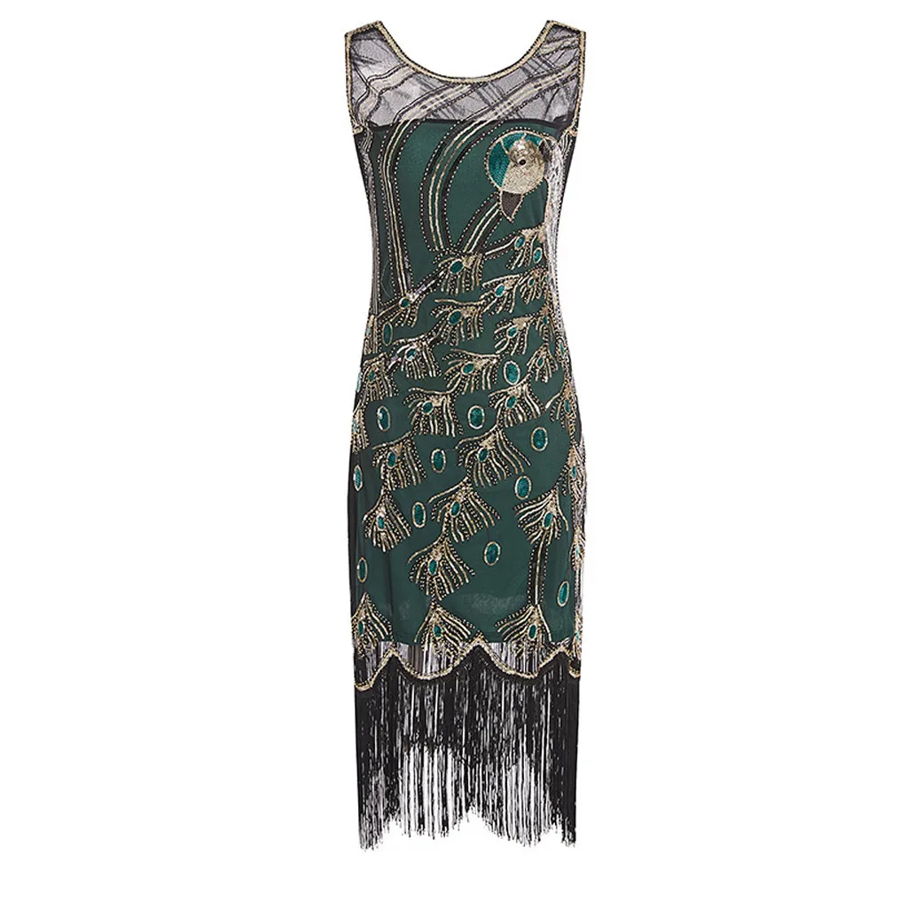 Женское винтажное платье с блестками 1920s Great Gatsby платье с o-образным вырезом и кисточками Deco облегающее платье для вечеринки с бисером ретро vestidos Femme