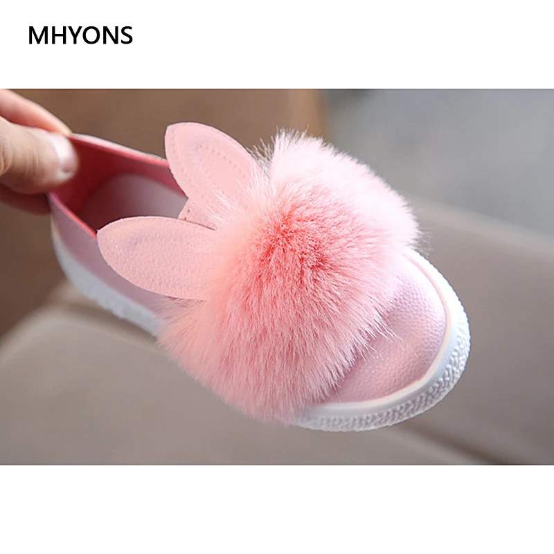 MHYONS модные детские меховые туфли для девочек милый кролик мягкие Нескользящие