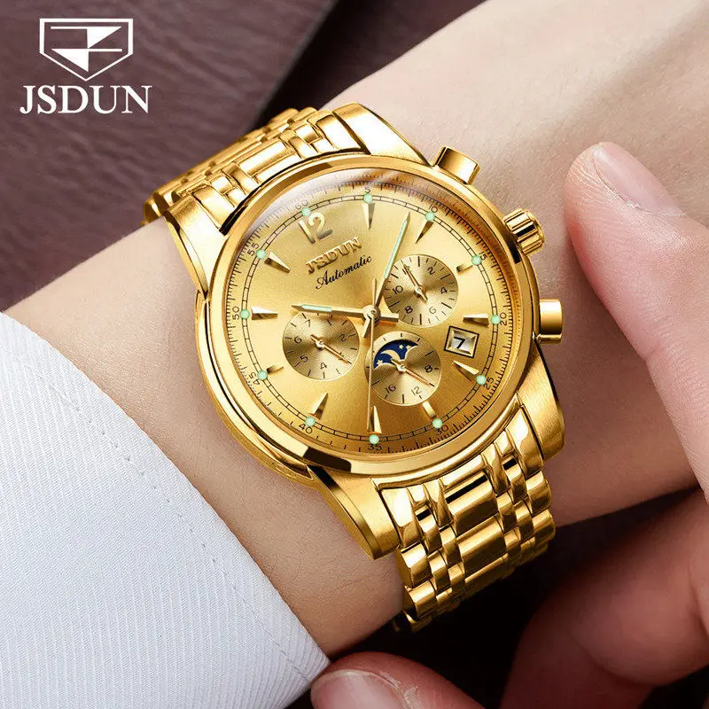 All gold men JSDUN механические часы для мужчин водонепроницаемые мужские s часы Топ Бренд роскошные часы Автоматические спортивные наручные часы Relogio Masculino - Цвет: All gold men
