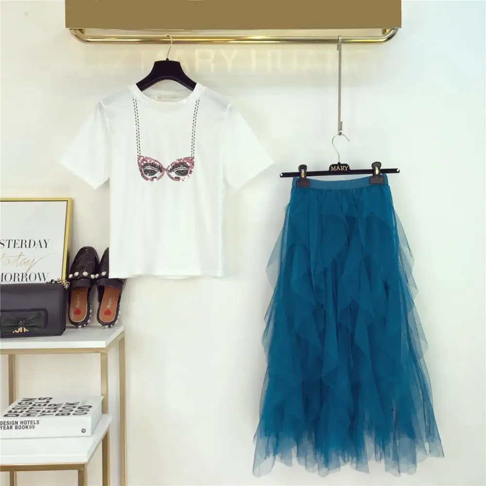 2018 Летняя женская одежда с коротким рукавом Футболка блестками + длинная юбка из