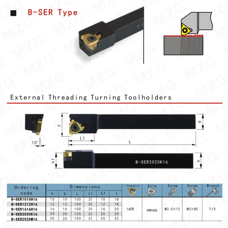 MZG B-SER1212H16 12*12 16*16 20*20 токарный станок с ЧПУ, обрабатывающий резак с внешней резьбой, инструмент для нарезания резьбы