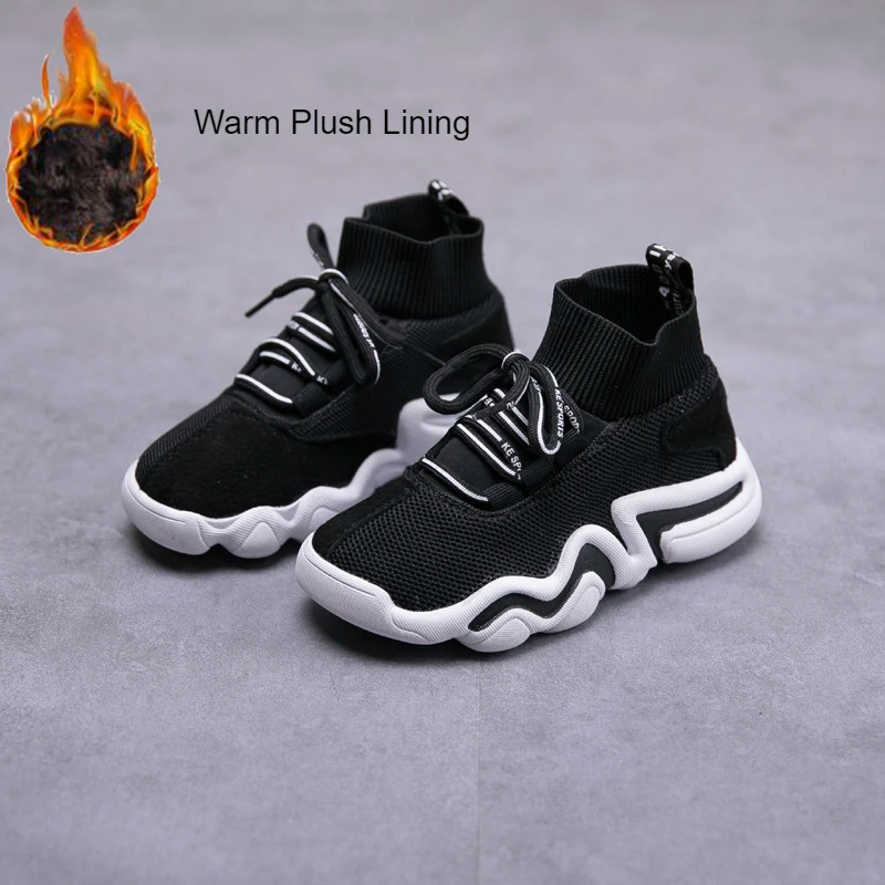 Warm Lining Black Весна г., модные носки для девочек и мальчиков стильные кроссовки для малышей, маленьких и больших детей, высокие кроссовки на шнуровке, детские школьные повседневные туфли - Цвет: Warm Lining Black