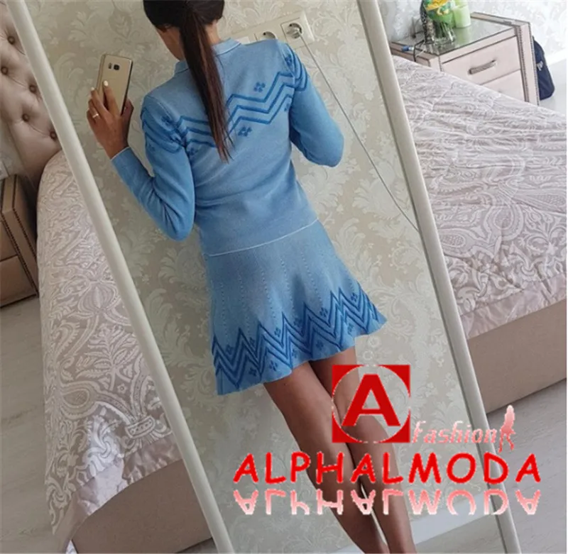 [ALPHALMODA] осенне-зимний женский трикотажный комплект одежды, 3D вышитый геометрический узор, пуловер, свитер+ трапециевидная юбка