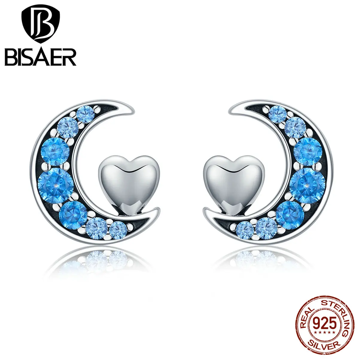 Стерлинговое Серебро 925 пробы синий CZ I Love You To The Moon Heart серьги-гвоздики для женщин Девушка Стерлинговое серебро ювелирные изделия подарок на день рождения